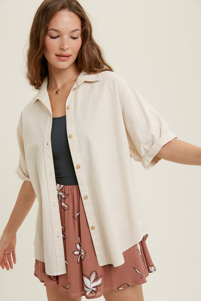 Wishlist Cuffed Sleeve Button-Up Shirt, Natural