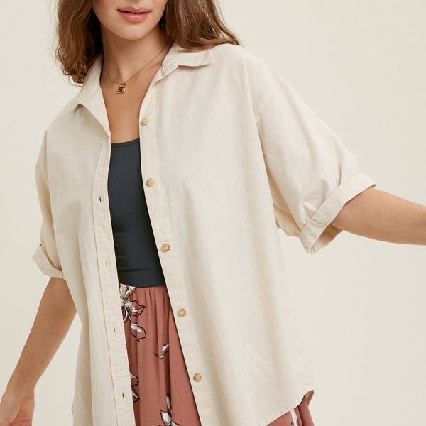 Wishlist Cuffed Sleeve Button-Up Shirt, Natural