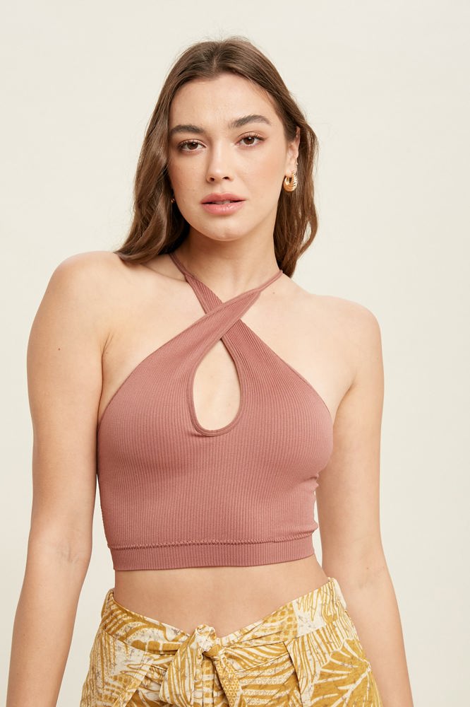 Wishlist Seamless Scoop Neck Bralette with Crossback, Red Bean