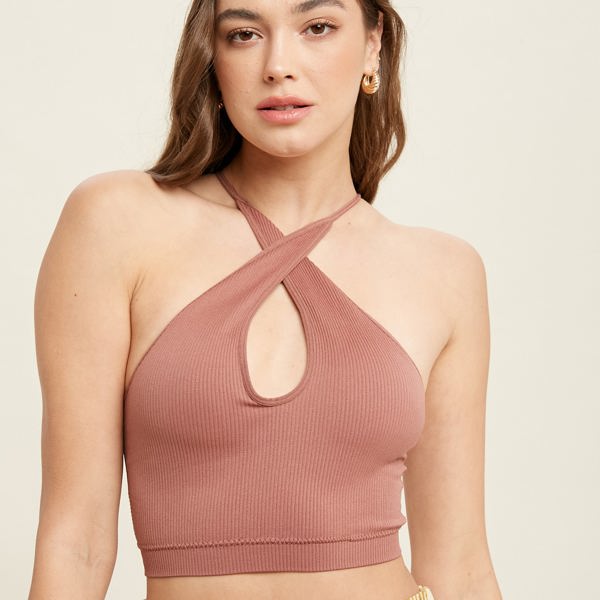 Wishlist Seamless Scoop Neck Bralette with Crossback, Red Bean