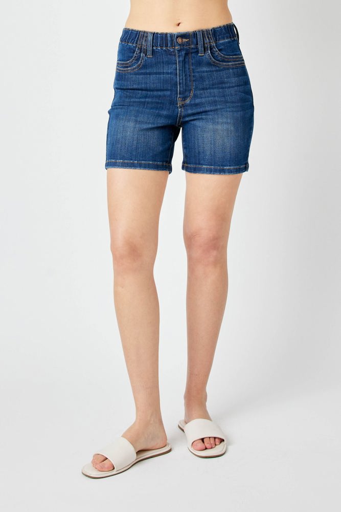 Judy Blue High Waist Elastic Waistband Mid Length Denim Short 150275