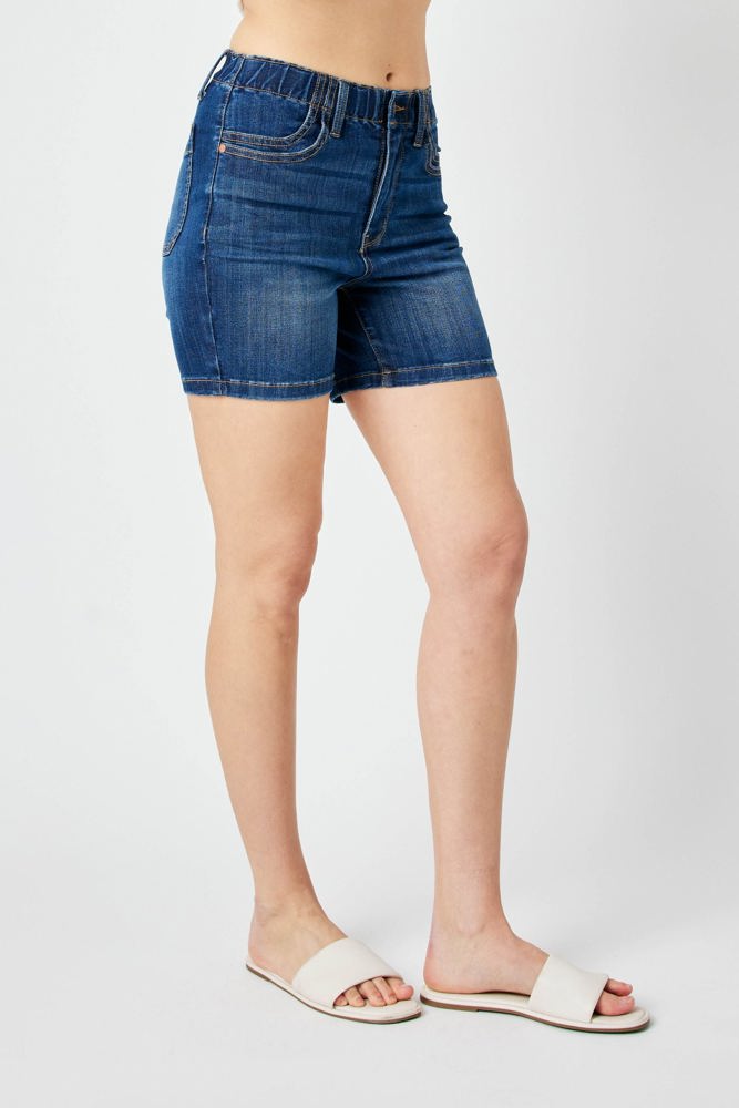 Judy Blue High Waist Elastic Waistband Mid Length Denim Short 150275