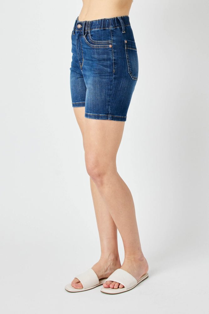 Judy Blue High Waist Elastic Waistband Mid Length Denim Short 150275