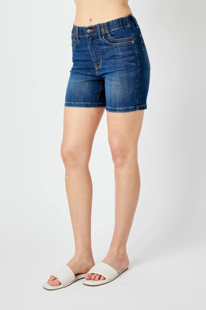 Judy Blue High Waist Elastic Waistband Mid Length Denim Short 150275