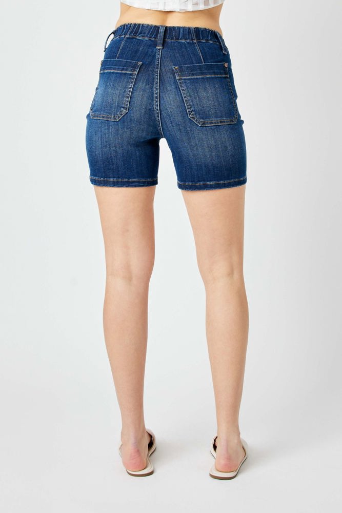 Judy Blue High Waist Elastic Waistband Mid Length Denim Short 150275