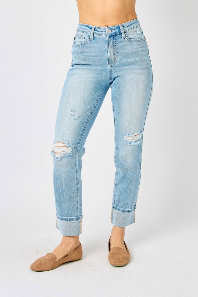 Judy Blue Mid Rise Flag Cuff Boyfriend Denim 88723