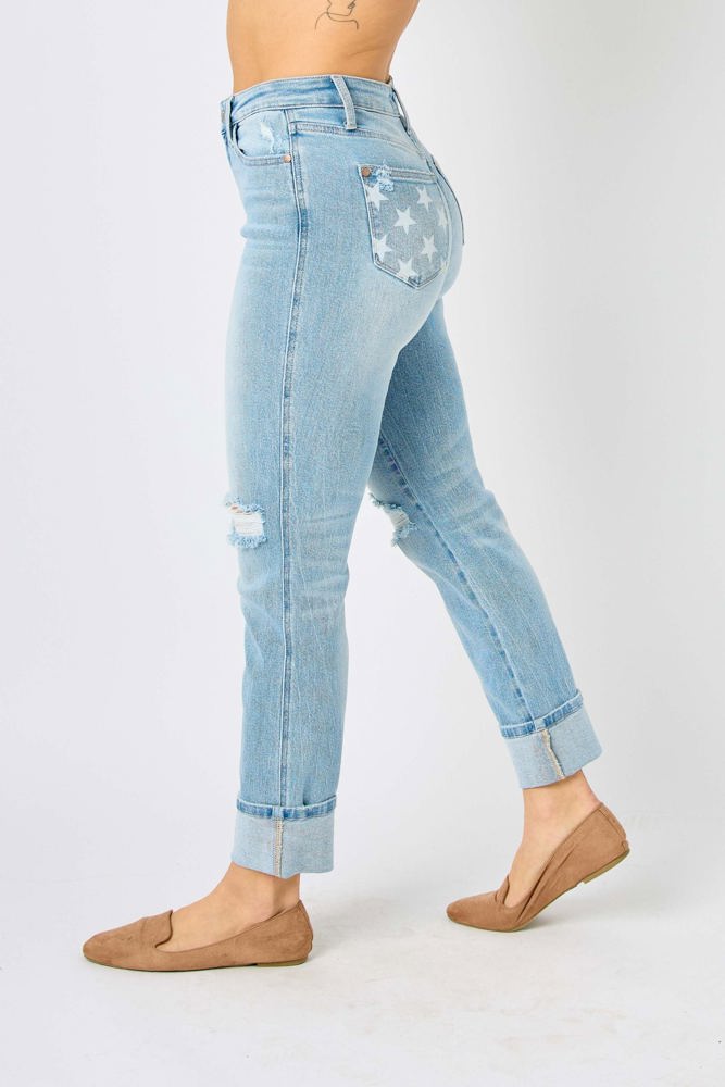 Judy Blue Mid Rise Flag Cuff Boyfriend Denim 88723 - Plus