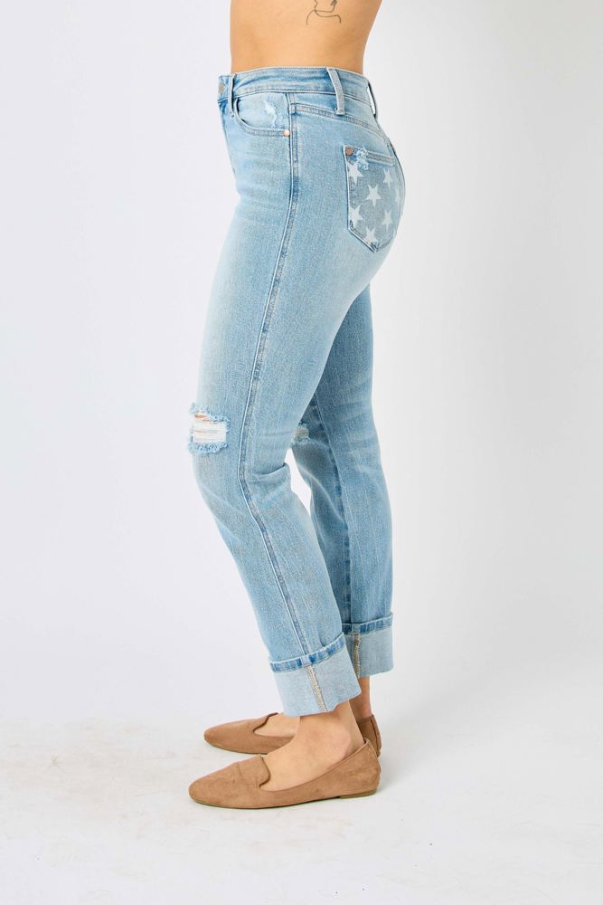 Judy Blue Mid Rise Flag Cuff Boyfriend Denim 88723 - Plus