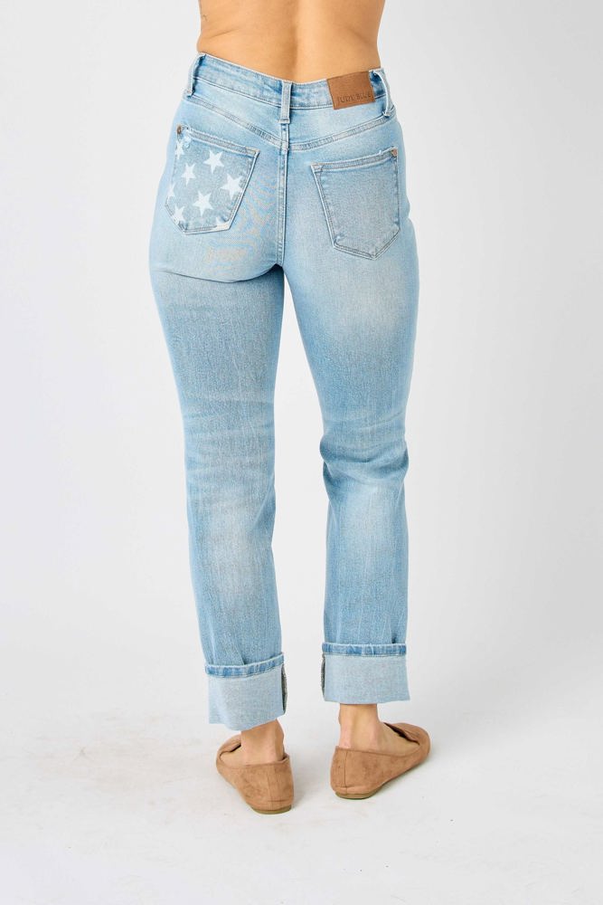 Judy Blue Mid Rise Flag Cuff Boyfriend Denim 88723