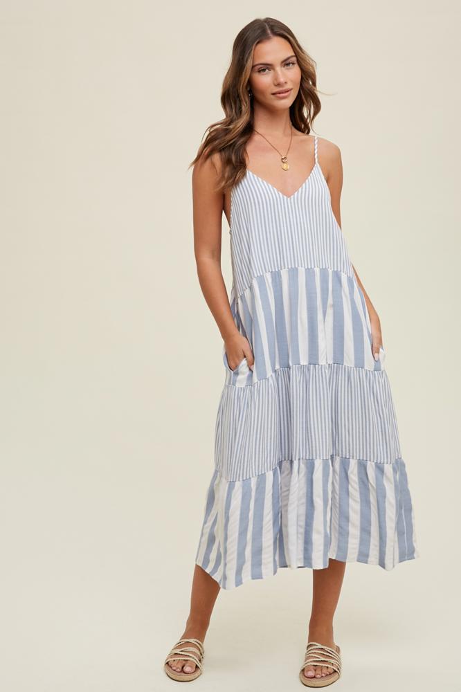 Wishlist Tiered Multi-Striped Midi Dress, Blue