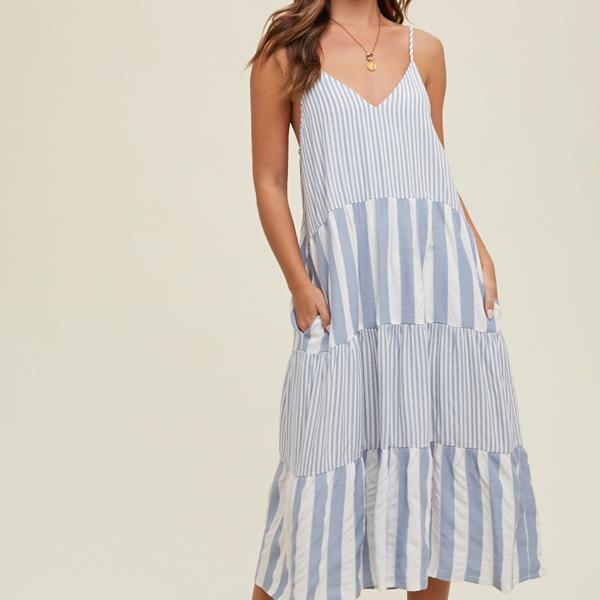 Wishlist Tiered Multi-Striped Midi Dress, Blue