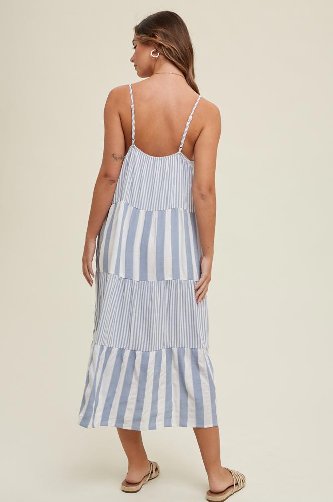 Wishlist Tiered Multi-Striped Midi Dress, Blue