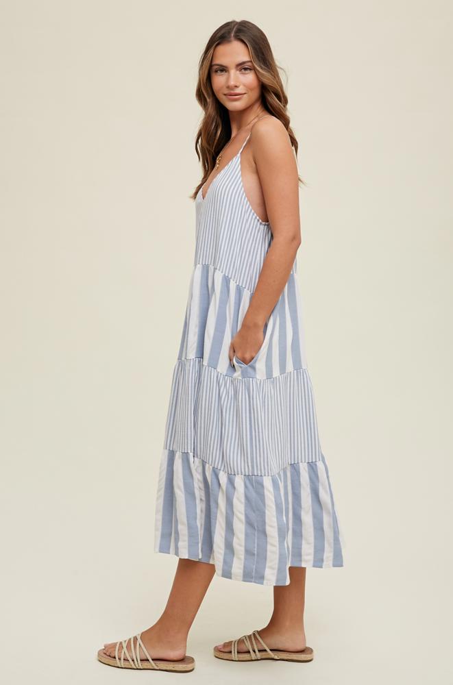 Wishlist Tiered Multi-Striped Midi Dress, Blue