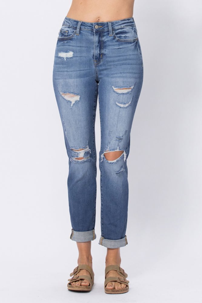 Judy Blue High Waist Destroy Cuffed Boyfriend Denim 88404