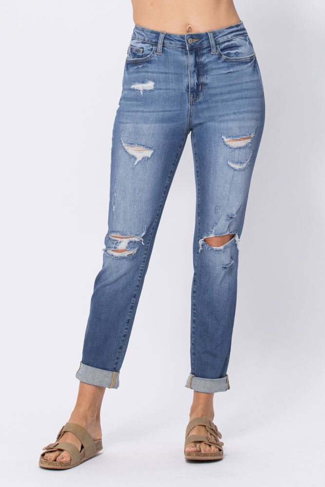 Judy Blue High Waist Destroy Cuffed Boyfriend Denim 88404 - Plus