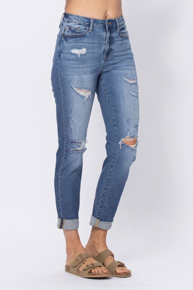 Judy Blue High Waist Destroy Cuffed Boyfriend Denim 88404 - Plus