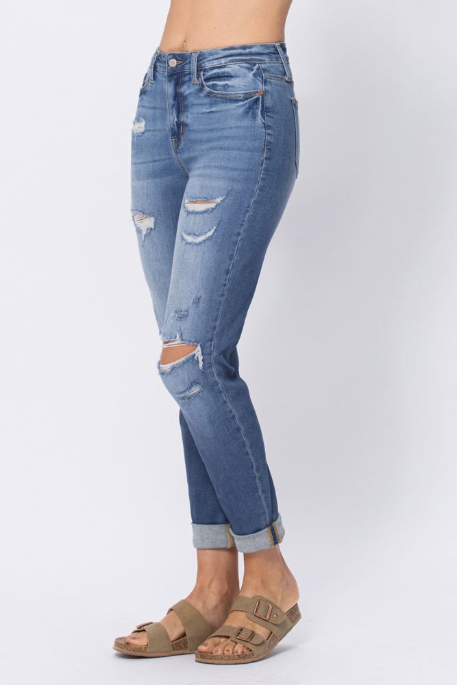 Judy Blue High Waist Destroy Cuffed Boyfriend Denim 88404 - Plus