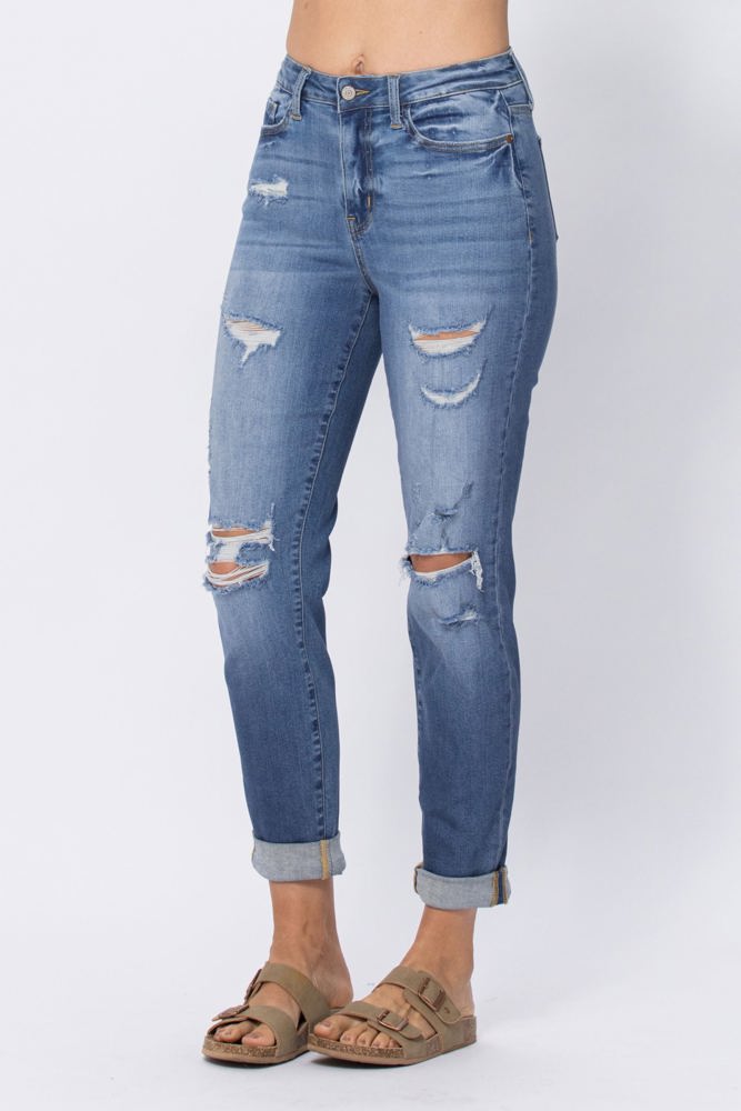 Judy Blue High Waist Destroy Cuffed Boyfriend Denim 88404 - Plus