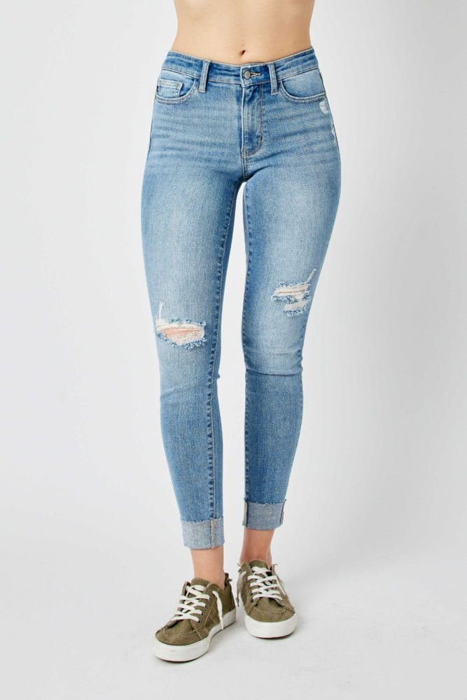 Judy Blue Mid Rise Destroy & Cuff Skinny Denim 82528