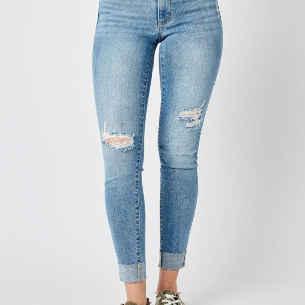 Judy Blue Mid Rise Destroy & Cuff Skinny Denim 82528