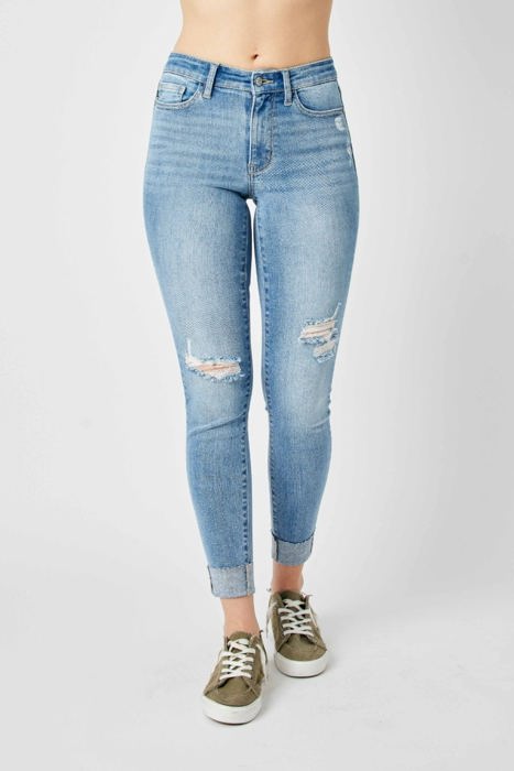 Judy Blue Mid Rise Destroy & Cuff Skinny Denim 82528 - Plus