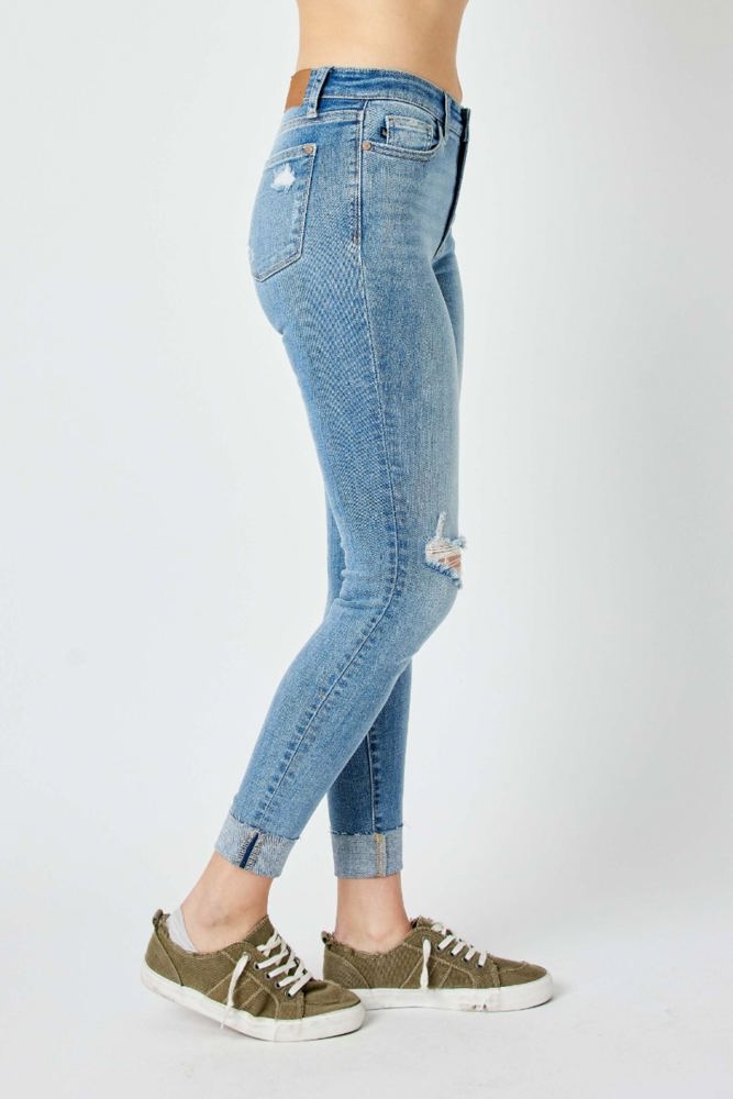 Judy Blue Mid Rise Destroy & Cuff Skinny Denim 82528 - Plus