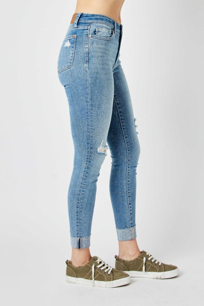 Judy Blue Mid Rise Destroy & Cuff Skinny Denim 82528 - Plus