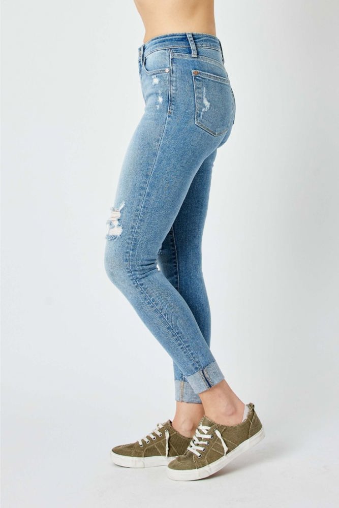 Judy Blue Mid Rise Destroy & Cuff Skinny Denim 82528 - Plus