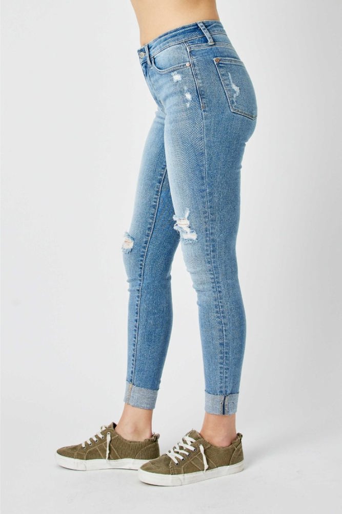 Judy Blue Mid Rise Destroy & Cuff Skinny Denim 82528 - Plus