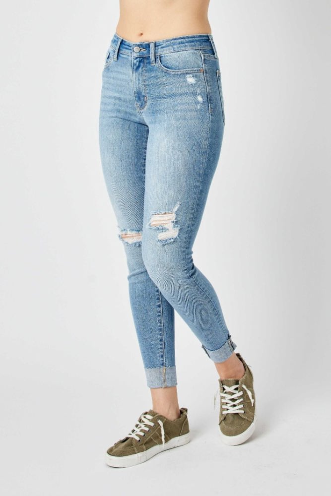 Judy Blue Mid Rise Destroy & Cuff Skinny Denim 82528 - Plus