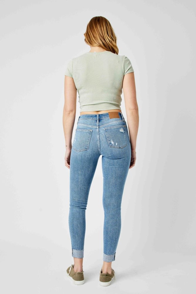 Judy Blue Mid Rise Destroy & Cuff Skinny Denim 82528