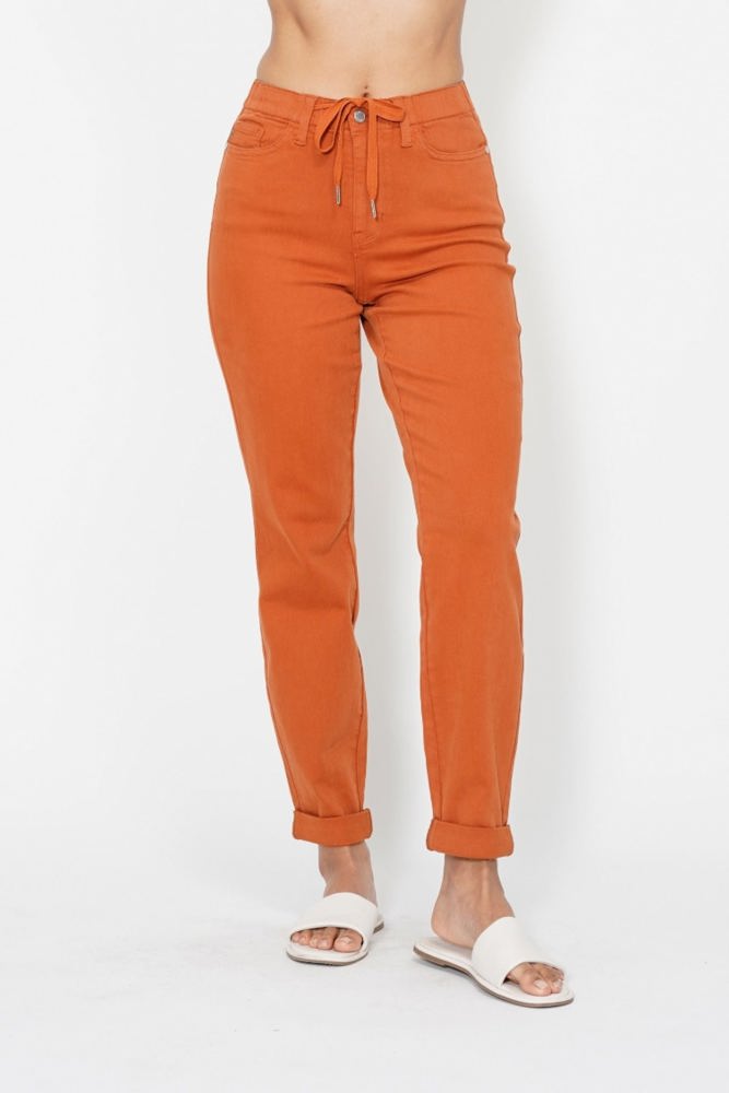 Judy Blue High Waist Garment Dyed Auburn Orange Double Cuff Jogger Denim 88911