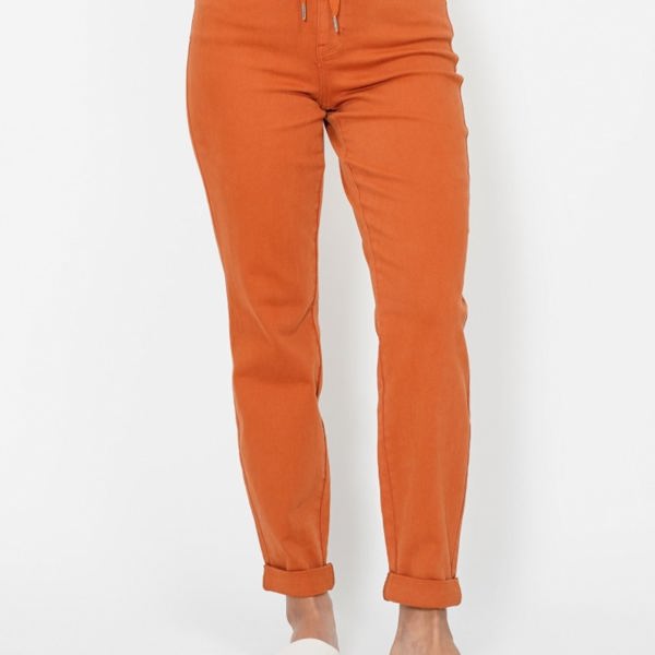 Judy Blue High Waist Garment Dyed Auburn Orange Double Cuff Jogger Denim 88911