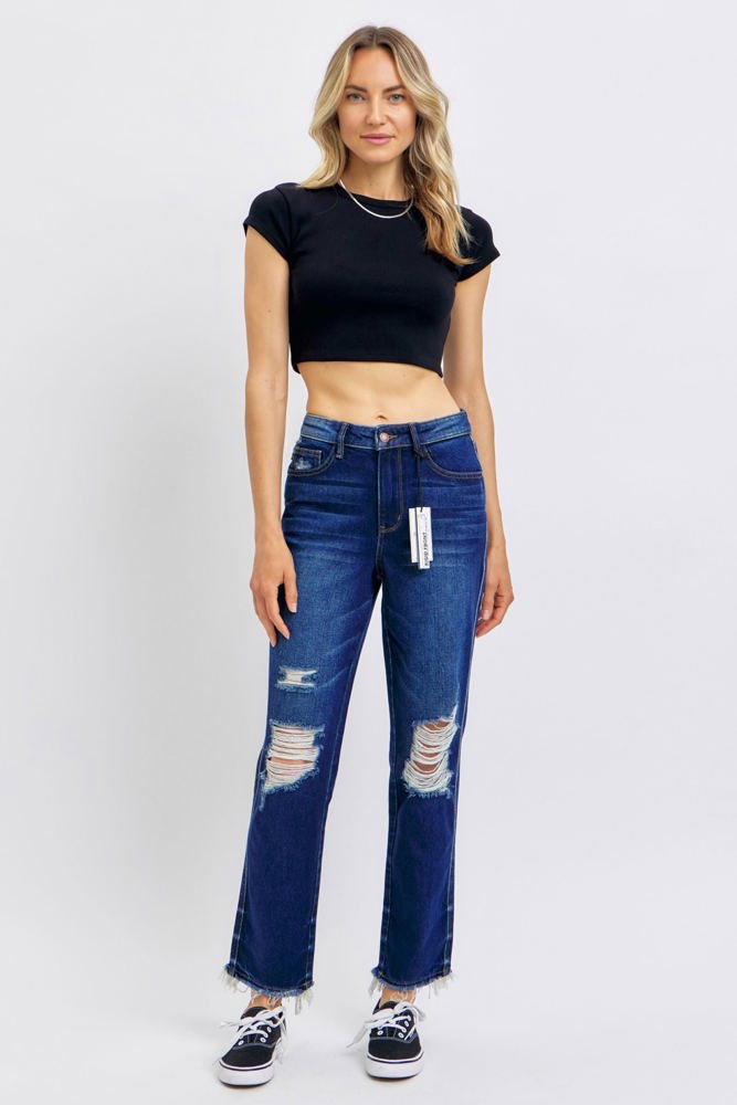 Judy Blue High Waist Rigid Magic Heavy Destroy Straight Jeans 88819