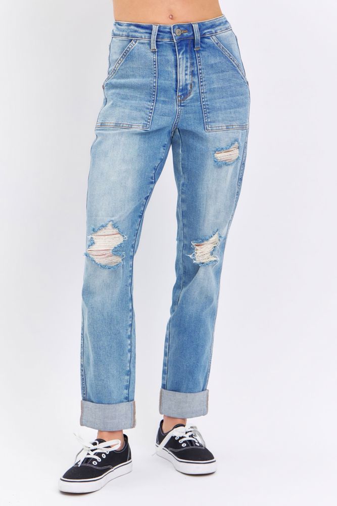 Judy Blue High Waist Patch Pocket & Destroy Boyfriend Denim 88825 - Plus