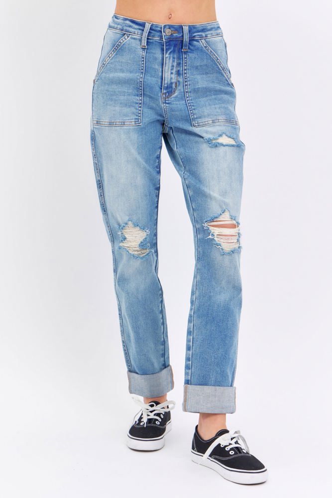 Judy Blue High Waist Patch Pocket & Destroy Boyfriend Denim 88825