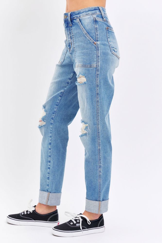 Judy Blue High Waist Patch Pocket & Destroy Boyfriend Denim 88825