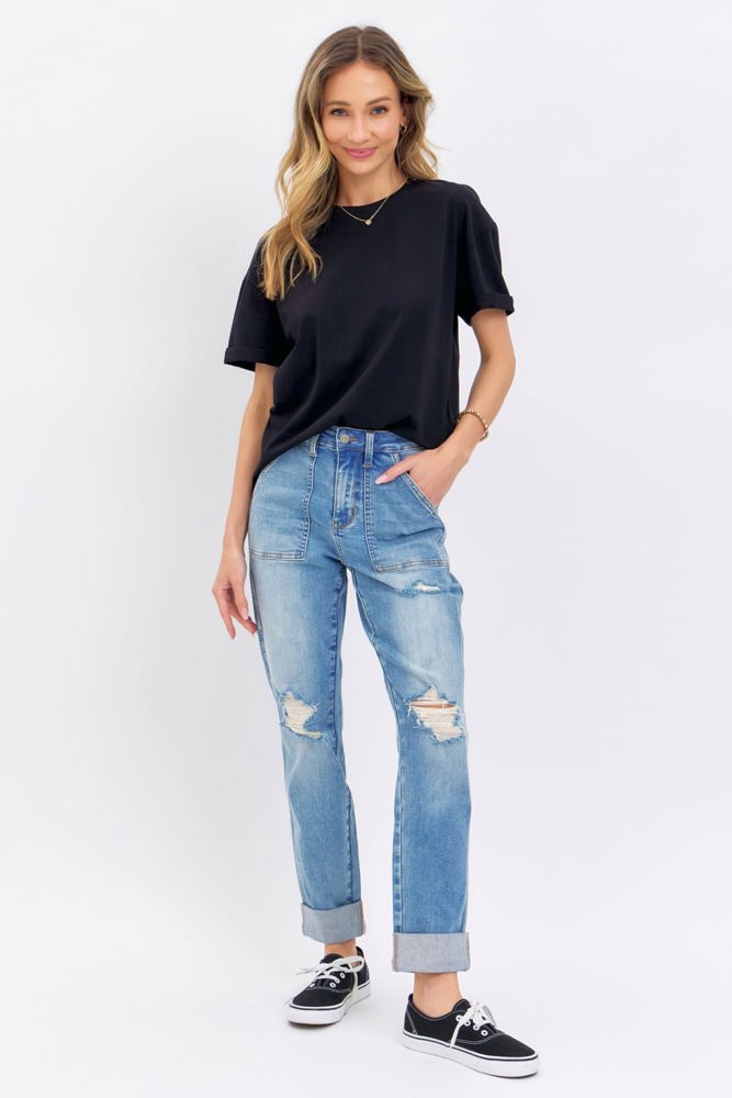 Judy Blue High Waist Patch Pocket & Destroy Boyfriend Denim 88825