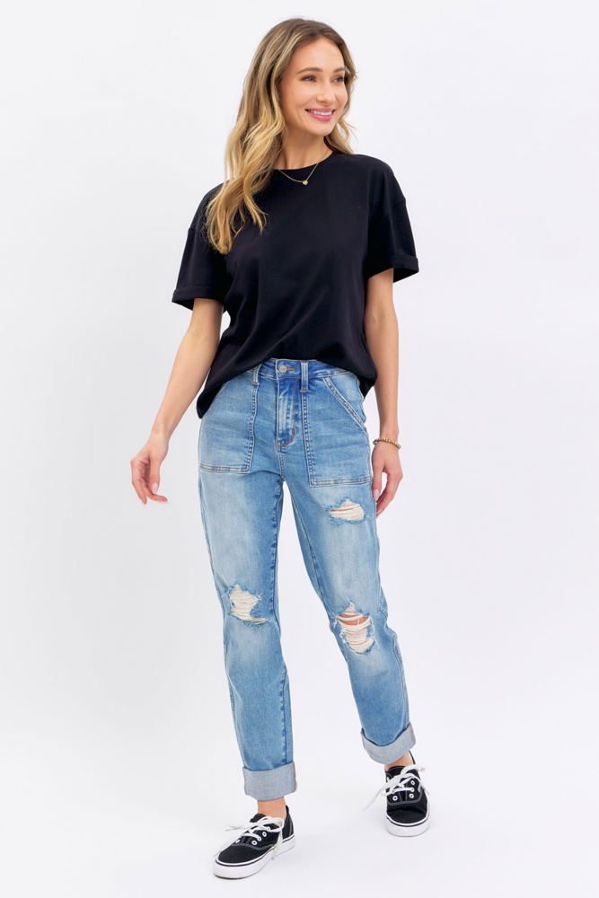 Judy Blue High Waist Patch Pocket & Destroy Boyfriend Denim 88825