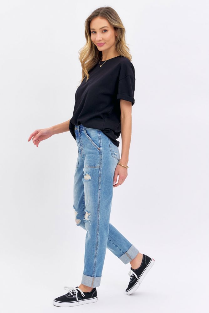 Judy Blue High Waist Patch Pocket & Destroy Boyfriend Denim 88825