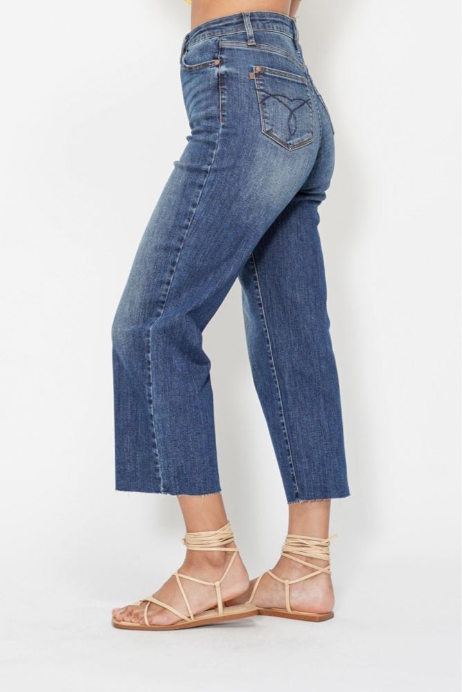 Judy Blue High Waist Back Pocket Embroidery Crop Wide Leg Denim 88873