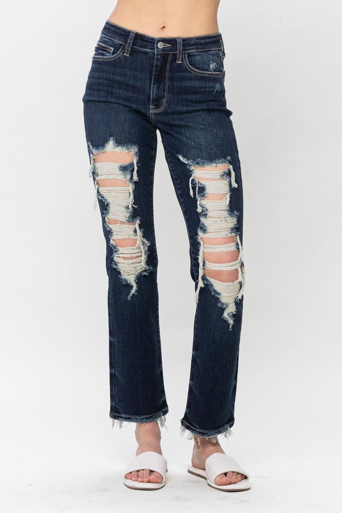 Judy Blue Mid Rise Heavy Destroy Straight Denim 82534