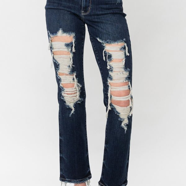 Judy Blue Mid Rise Heavy Destroy Straight Denim 82534