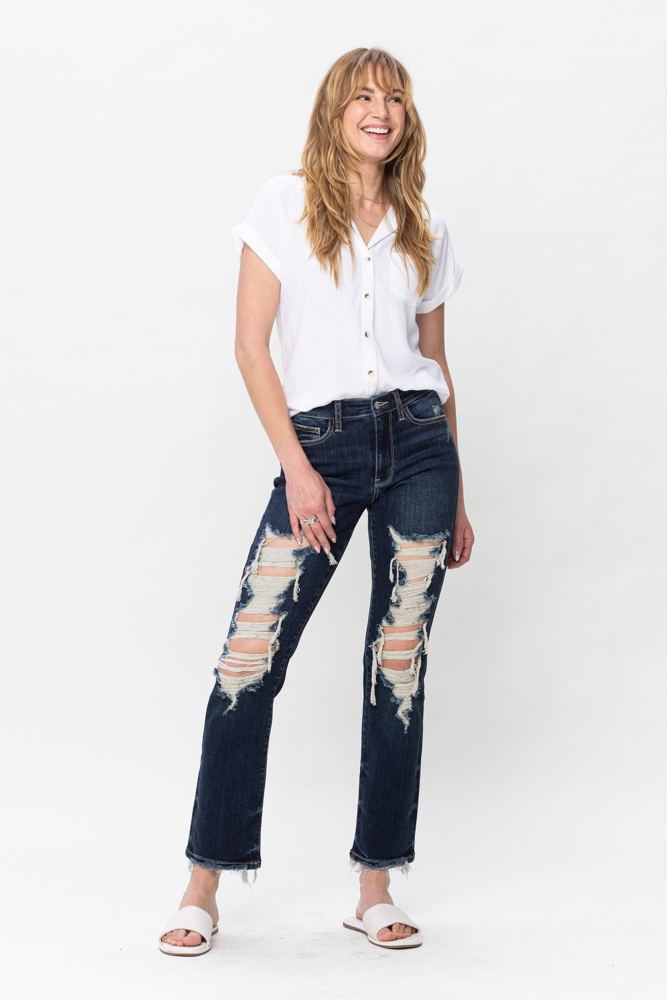 Judy Blue Mid Rise Heavy Destroy Straight Denim 82534