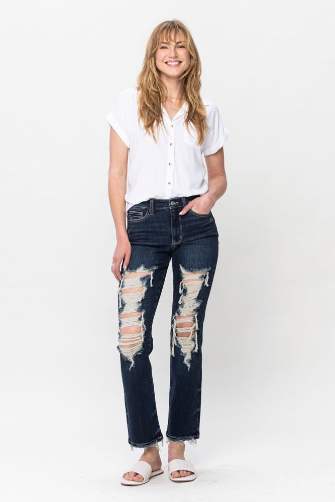 Judy Blue Mid Rise Heavy Destroy Straight Denim 82534