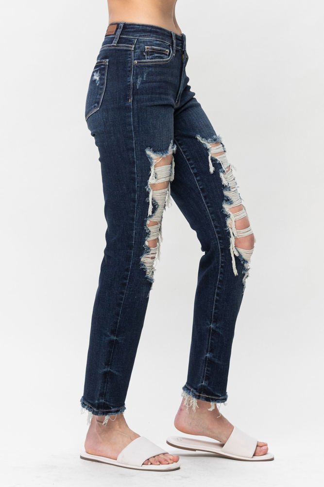 Judy Blue Mid Rise Heavy Destroy Straight Denim 82534