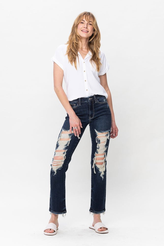 Judy Blue Mid Rise Heavy Destroy Straight Denim 82534