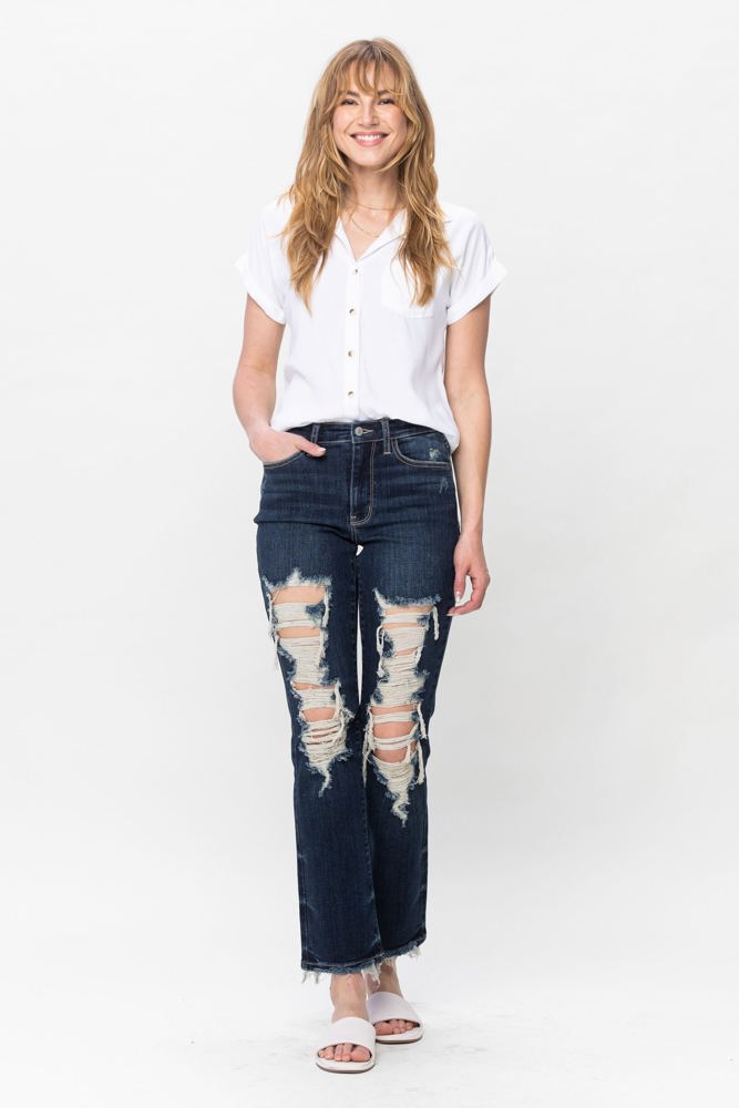 Judy Blue Mid Rise Heavy Destroy Straight Denim 82534