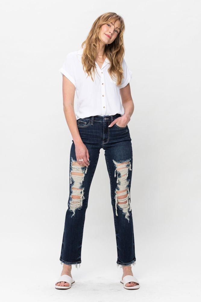 Judy Blue Mid Rise Heavy Destroy Straight Denim 82534