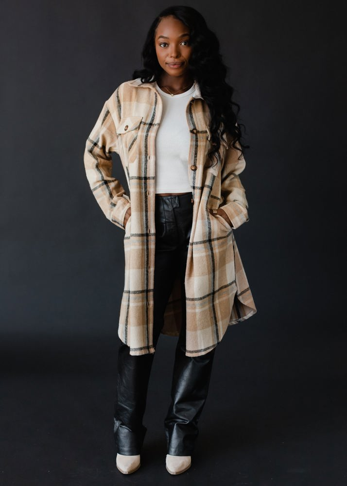 Panache Tan, Black & Beige Plaid Long Flannel Button Up